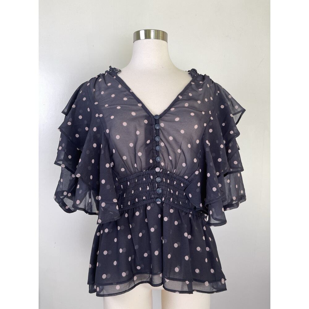 eShakti Women's Sz L Black Blouse Polka Dot Ruffle Sheer Flutter Sleeve
